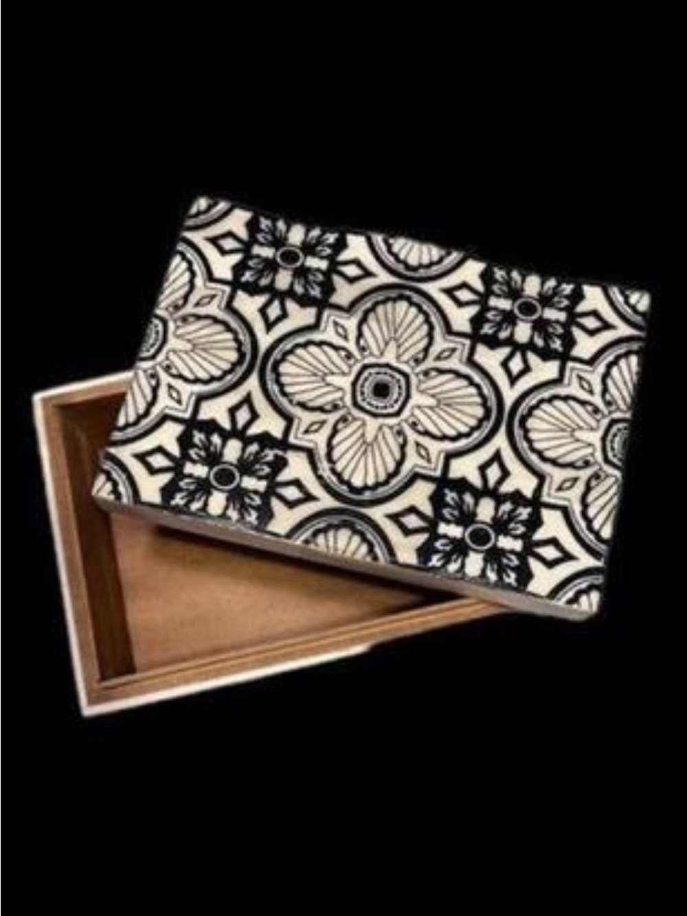 Decorative Box Unisex OS Black Cream Excellent Bone Inlay Floral Mosaic - Picture 2 of 6